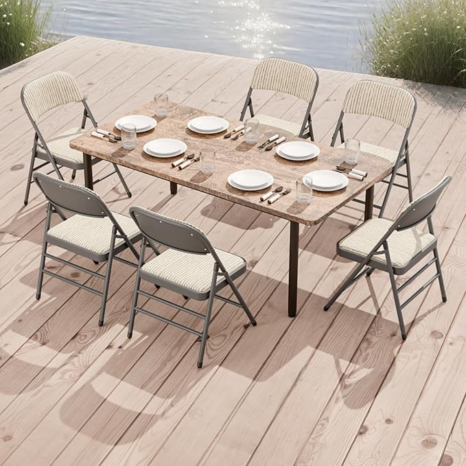 12 Pack Folding Chairs Fabric Dining Chair Set with Padded Cushion and Back, Indoor Outdoor Foldable Seat with Steel Frame for Home Office Events Wedding Party, Oatmeal Strip Seating