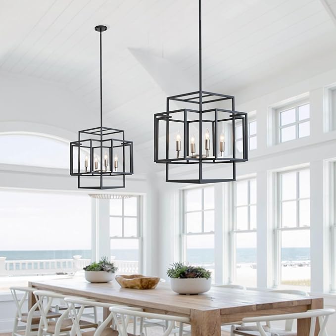 4-Light Farmhouse Chandeliers for Entryway, Industrial Foyer Lighting Fixtures, Foyer Chandeliers for High Ceilings, Modern Pendant Lights for Staircase Dining Room Kitchen Island, Black & Silver