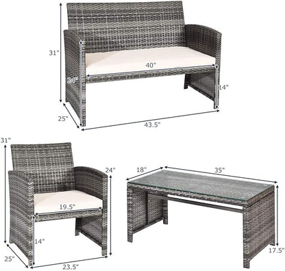 COSTWAY Patio Furniture Set 4 Pieces, Outdoor Wicker Chairs Sofa w/Coffee Table and Soft Cushions, Rattan Conversation Sets for Patio Lawn Backyard Yard Pool Garden, White
