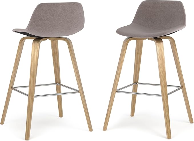 SIMPLIHOME Randolph Counter Stools (Set of 2) - 28 Inch Seat Height Upholstered Bentwood Kitchen Seats in Mocha Polyester Linen, Mid Century Modern Seating with Curved Backrest and Chrome Footrest
