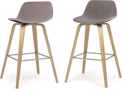 SIMPLIHOME Randolph Counter Stools (Set of 2) - 28 Inch Seat Height Upholstered Bentwood Kitchen Seats in Mocha Polyester Linen, Mid Century Modern Seating with Curved Backrest and Chrome Footrest