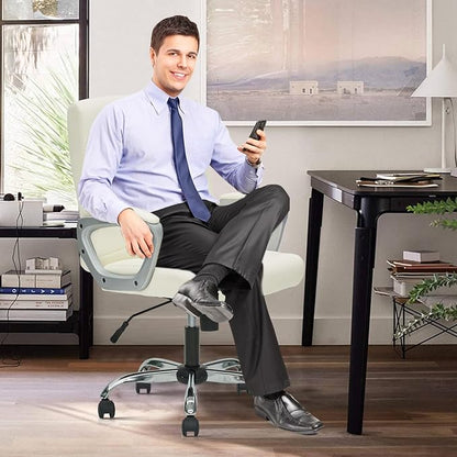 CLATINA Office Computer Desk Chair Executive Mid Back Chair Comfortable Ergonomic Managerial Chair Adjustable PU Leather Home Office Desk Chair Swivel, White 2PK