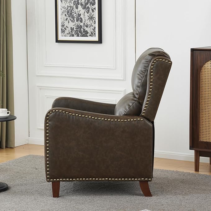 Pushback Recliner Chair, PU Leather Push Back Armchair, Upholstered Recliner Chair 105-135 Degree Adjustable, Retro Accent Chair for Living Room Bedroom - Brown