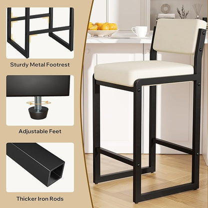 Bar Stools Set of 6, Fabric Counter Height Bar Stools with High Back and Metal Legs, Upholstered Bar Chairs, 26" Modern Barstools for Kitchen Island, Beige