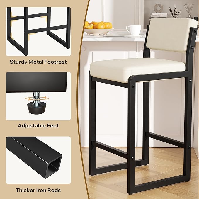 Bar Stools Set of 3, Fabric Counter Height Bar Stools with High Back and Metal Legs, Upholstered Bar Chairs, 26" Modern Barstools for Kitchen Island, Beige
