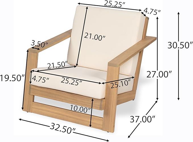 Christopher Knight Home Galio Set of 2 Acacia Wood Lounge Chair Outdoor, Wooden Patio Armchair for Lounging, Patio Furniture Single Sofa Chair Set, Comfy Reading Chair with Cushion, Light Teak+Beige