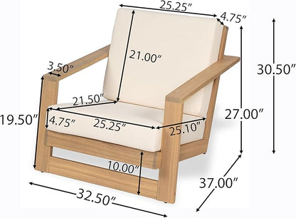 Christopher Knight Home Galio Set of 2 Acacia Wood Lounge Chair Outdoor, Wooden Patio Armchair for Lounging, Patio Furniture Single Sofa Chair Set, Comfy Reading Chair with Cushion, Light Teak+Beige
