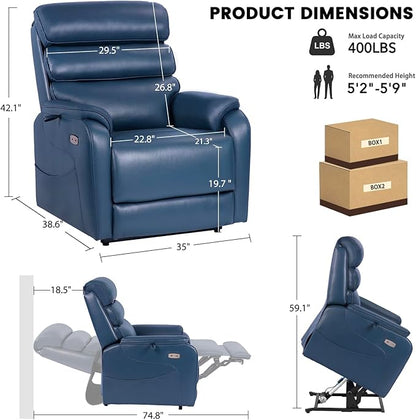 EONIX Dual Motor Lay Flat Power Lift Recliner Chair for Elderly, Electric Faux Leather Lift Chairs for Adults, 400lbs Heavy Duty Power Recliner Lift Sofa with Heat and Massage, Navy Blue