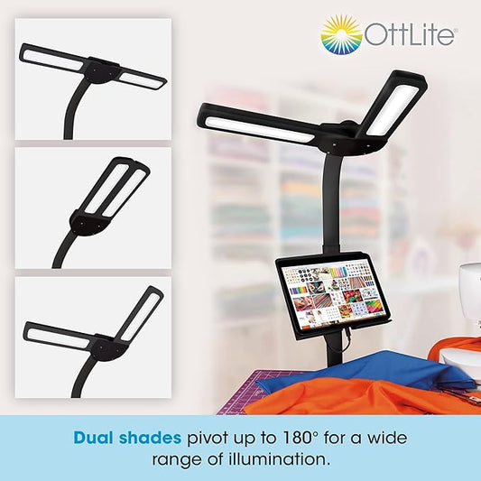 Ottlite Dual Shade LED Standing Floor Lamp with Adjustable Stand - Wide Range of Illumination with Built-in 2.1A USB Charging Port and Flexible Neck - 4 Brightness Settings for Reading & Studying
