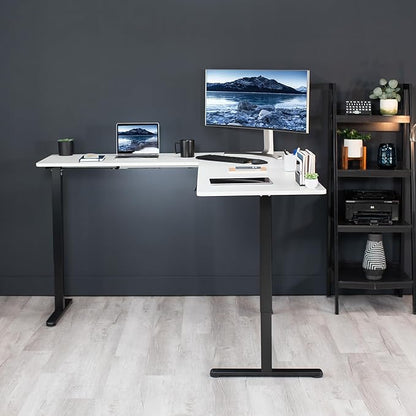 VIVO Corner Standing Desk, 75 x 63 inch Reversible L-Shaped Workstation, Electric Height Adjustment, Home, Office, and Reception Rooms, White Table Top Black Frame, DESK-E3CTBW-75