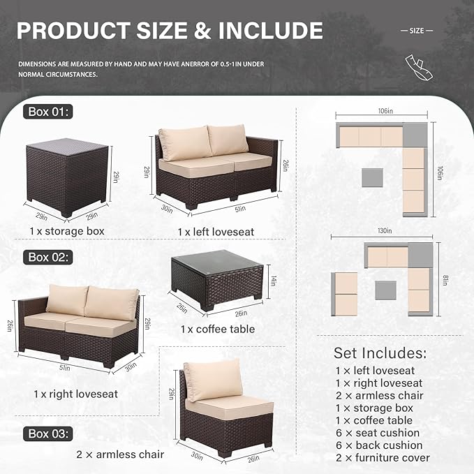 Valita 6 Pieces Patio PE Wicker Furniture Set Outdoor Brown Rattan Sectional Conversation Sofa Chair with Storage Table and Beige Cushions