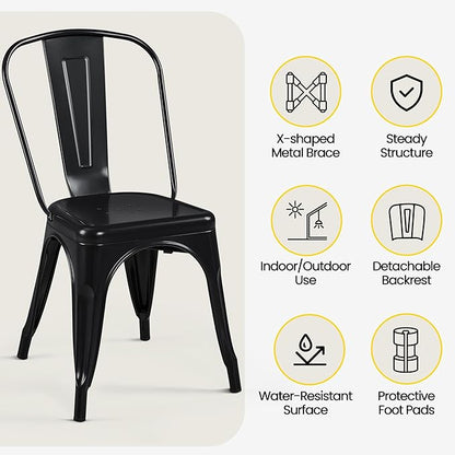 Yaheetech Metal Dining Chairs Set of 4, Industrial Stackable Kitchen Chairs with Back for Dining Room/Restaurant/Bistro/Patio, Indoor & Outdoor Use, Matte Black