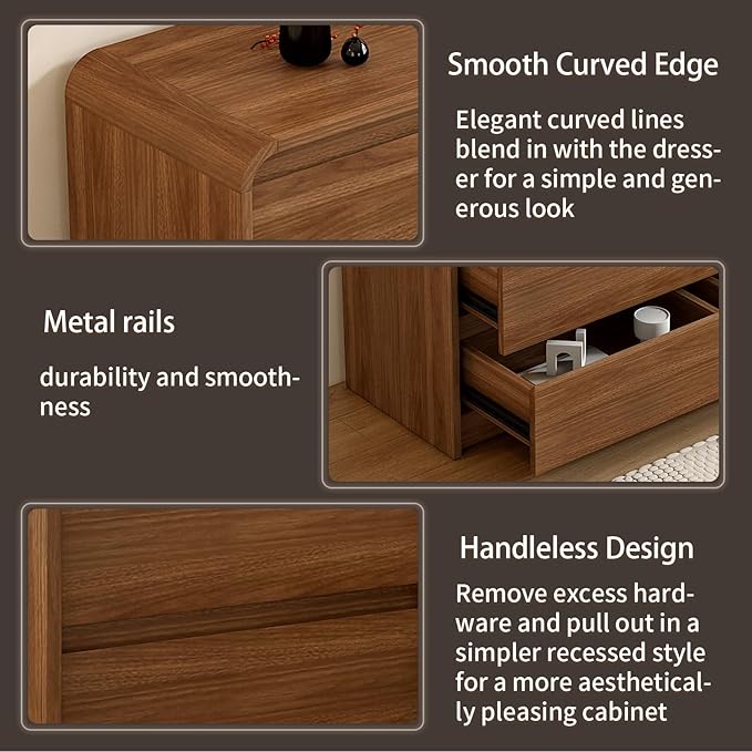 6 Drawer Dresser For Bedroom 55 Inch Wood Chest of Drawers - Curved Anti Collision, Mid Century Dresser For Closet with Natural Texture & Pre-Embedded Slots for TV Stand, Living Room, Nursery