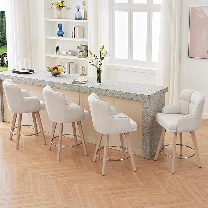 360°Swivel Counter Height Bar Stools with Back, 26 inch Solid Wood Legs, Bar Stool Modern Kitchen Island Chairs, Fabric (Beige- Fabric, 26" H- Set of 4)