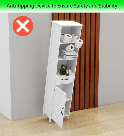 Tall Bathroom Storage Cabinet with Door and Shelves, Narrow Bathroom Cabinet Freestanding, White Slim Storage Cabinet for Home, Kitchen, Anti-Tipping