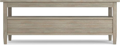 SIMPLIHOME Warm Shaker Coffee Table - 48 inch Wide Solid Wood Cocktail Table in Distressed Grey, Transitional Living Room Table with 2 Storage Drawers and Open Shelf for Sitting Area or Lounge