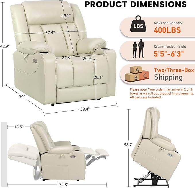EONIX Dual Motor Oversized Power Lift Recliner Chair for Elderly, 400lbs Heavy Duty Faux Leather Recliner with Massage and Heat, Lay Flat Big and Tall Lift Chair with Cup Holders, Cream White