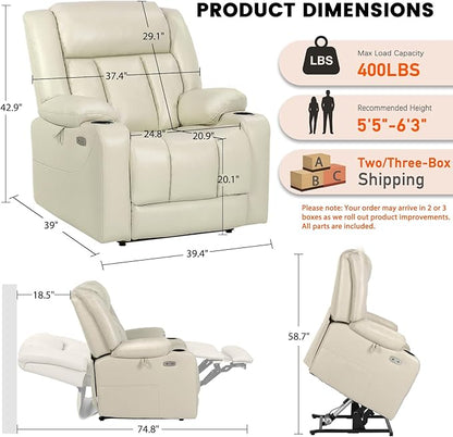 EONIX Dual Motor Oversized Power Lift Recliner Chair for Elderly, 400lbs Heavy Duty Faux Leather Recliner with Massage and Heat, Lay Flat Big and Tall Lift Chair with Cup Holders, Cream White