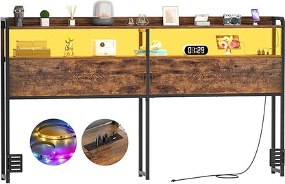 Aheaplus Headboard for King Size Bed Frame, Headboards with Outlets, USB Ports and LED Light, Head Board with Storage, Height Adjustable, Sturdy and Stable Headboard, King Size, Rustic Brown