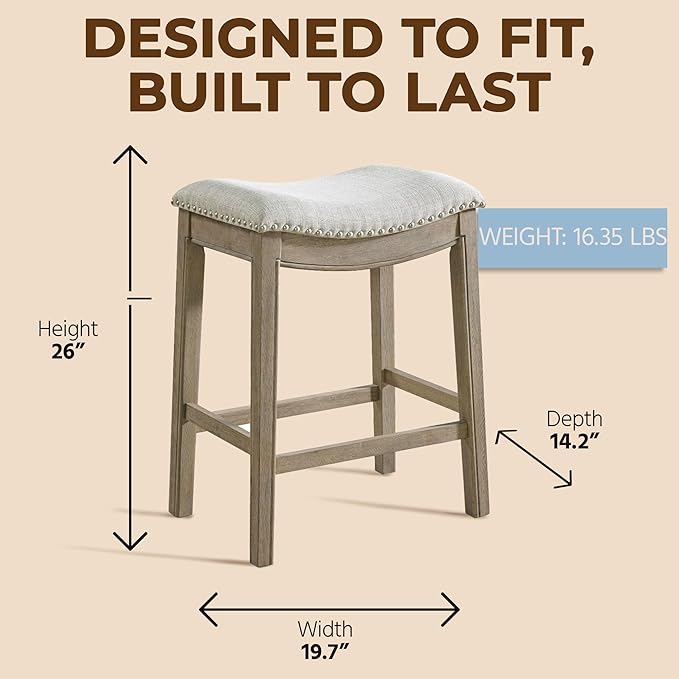 ROME + OAK Set of 2 Parker 26" Counter Stool, Backless Saddle Kitchen Barstool in Reclaimed Oak Finish with Ash Grey Fabric Upholstery Cushion Seat