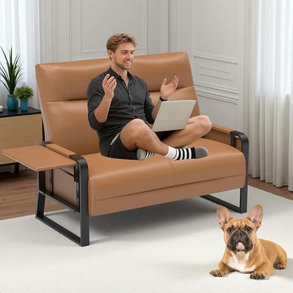 Faux Leather Loveseat, Upholstered Loveseat with Side Tray Table & Storage Pocket, Small Loveseat for Living Room, Modern 2 Seater Sofa Couch for Small Spaces, Bedroom, Brown