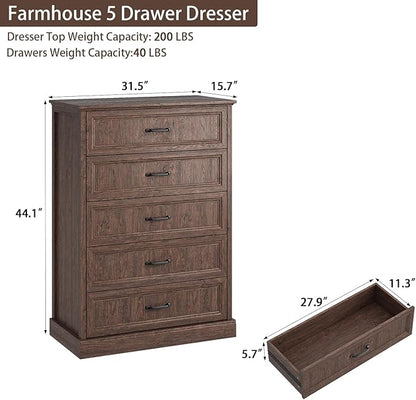 CARPETNAL Farmhouse 5 Drawers Dresser for Bedroom, 44" Tall Brown Dresser Wood Rustic Chest of Drawers with Wide Metal Handle,Natural Texture,Drawer Organizer for Bedroom,Living Room,Hallway