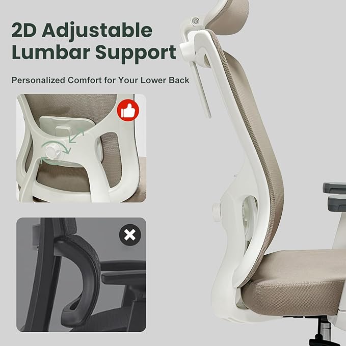 Ergonomic Office Chair - 350LB Mesh Office Chair with Adjustable Lumbar, High Back Computer Chair with 3D Armrests, Comfy Chair with 2D Headrest & Tilt Function for Study, Work, Gaming