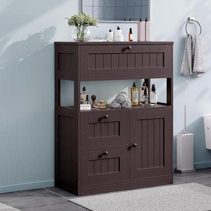 Bathroom Cabinet, Modern Bathroom Floor Storage Cabinet Organizer with 1 Door and 3 Drawers, Freestanding Cupboard for Kitchen/Living Room Use