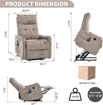 PELUMY Manual Lift Recliner Chair with Massage and Heat for Elderly, Single Motor Electric Lift Chair, Heavy Duty Recliner with USB Charging & Side Pockets (Chenille, Khaki)