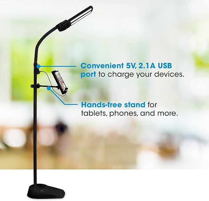 Ottlite Dual Shade LED Standing Floor Lamp with Adjustable Stand - Wide Range of Illumination with Built-in 2.1A USB Charging Port and Flexible Neck - 4 Brightness Settings for Reading & Studying
