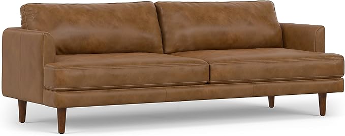 SIMPLIHOME Livingston 90-inch Wide Sofa in Caramel Brown Top Grain Genuine Leather, Handcrafted Mid-Century Modern Couch for Living Room, Large 3-Seater with Feather-Wrapped Cushions