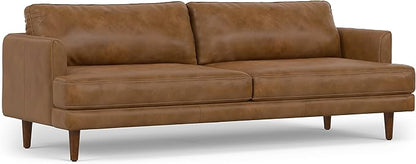 SIMPLIHOME Livingston 90-inch Wide Sofa in Caramel Brown Top Grain Genuine Leather, Handcrafted Mid-Century Modern Couch for Living Room, Large 3-Seater with Feather-Wrapped Cushions