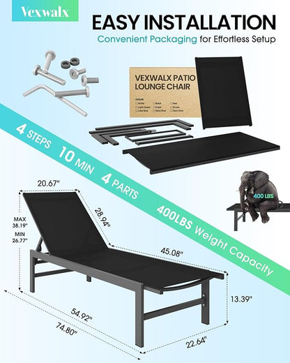 Outdoor Lounge Chairs Set of 2 for Pool, Aluminum Chaise Lounge Chairs with 5-Position Recliner, Patio Lounge Chair for Backyard, Poolside, Deck, Lawn, Black