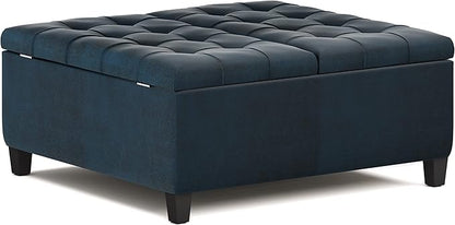SIMPLIHOME Harrison 36 inch Wide Traditional Square Coffee Table Storage Ottoman in Distressed Dark Blue Vegan Faux Leather, Assembled, For the Living Room and Bedroom
