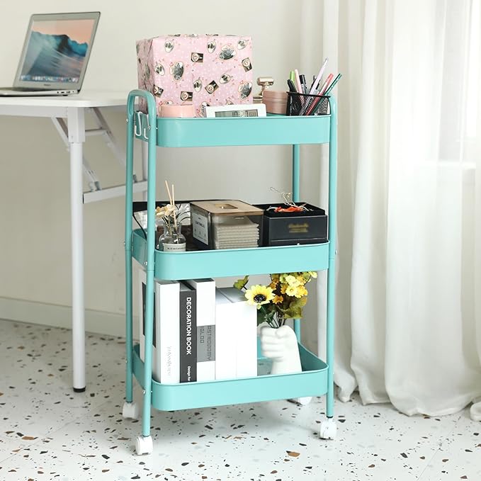 3 Tier Organizer Cart on Wheels, Metal Rolling Storage Cart with Wheels, Mobile Shelving Multifunction Storage Trolley with 4 Hooks fo Laundry Room Bathroom Kitchen Office, Green