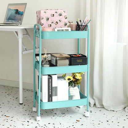 3 Tier Organizer Cart on Wheels, Metal Rolling Storage Cart with Wheels, Mobile Shelving Multifunction Storage Trolley with 4 Hooks fo Laundry Room Bathroom Kitchen Office, Green
