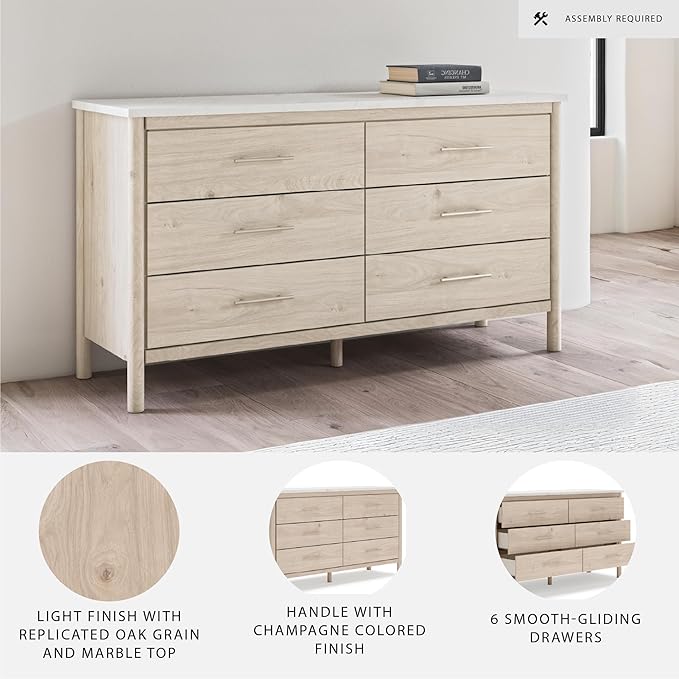 Signature Design by Ashley Cadmori Casual Bohemian Dresser with Post Legs and 6 Drawers, Replicated Marble Top, Wood, 35" High, White and Light Brown Finish