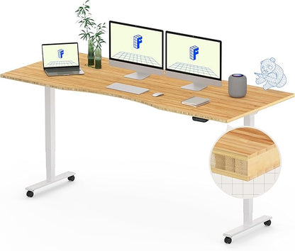 FLEXISPOT E6 MAX Bamboo 72x30 Inch Dual Motor 3-Stage Heavy Duty Standing Desk, 330lbs Weight Capacity, Height Adjustable Desk w/Cable Management & Wheels (Solid Bamboo Curved Desktop + White Frame)
