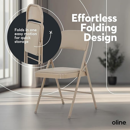 Oline Vinyl Folding Chairs, Padded Vinyl Cushion Chairs with Durable Metal Frame, Indoor Outdoor Stackable Foldable Guest Chairs for Office Wedding Kitchen Dining, 300lb Capacity (Khaki, 4 Pack)