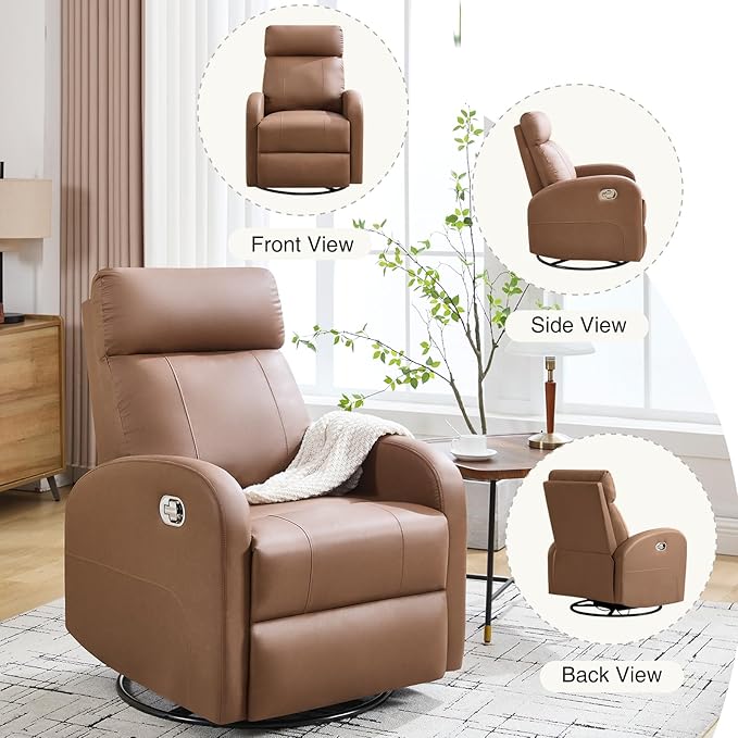 Swivel Rocker Recliner Chair, Manual Faux Leather Recliner, Glider Rocking Recliners 360°Swivel Nursery Reclining Chairs with Adjustable Headrest Highback for Living Room, Coffee