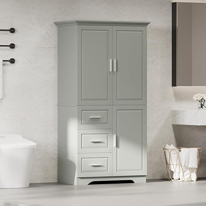 Merax 62.2" Wide Storage Cabinet Pantry Cupboard with Doors and Drawers for Home Kitchen, Bathroom and Living Room, Adjustable Shelf, White