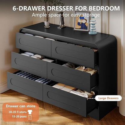 6 Drawer Dresser with Extendable Table, L-Shaped Desk & Vanity Combo, 47" Wood Dresser & Chest of Drawers, Modern Closet Clothes Storage Dressers Organizer for Bedroom Living Room Hallway, Black