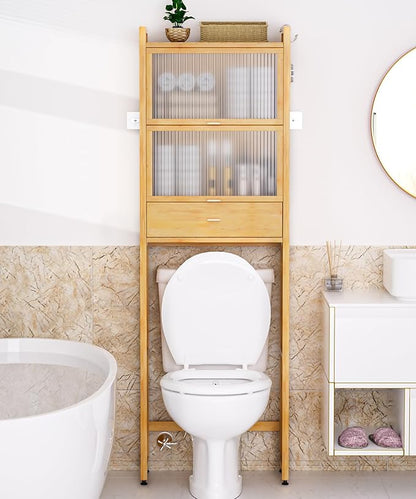 Over The Toilet Storage Shelf with Drawer, Above Bamboo Bathroom Organizer Cabinet with Anti-Tip and Waterproof Feet Pad Design, Freestanding Shelf for Bathroom (Bamboo)