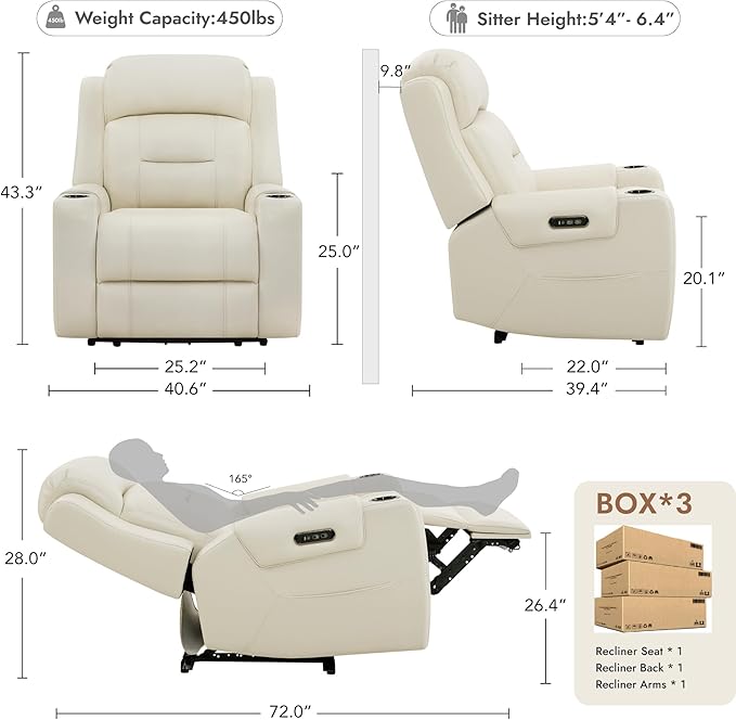 Watson & Whitely Oversized Genuine Leather Power Recliner Chairs for Big and Tall, Extra Wide Lay Flat Recliner with Power Headrest & Cup Holders, Electric Reclining Sofa for Living Room, Cream