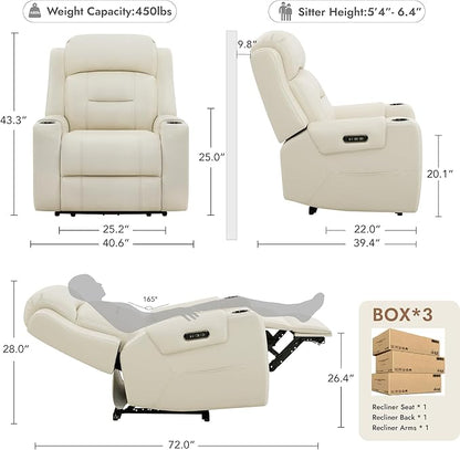 Watson & Whitely Oversized Genuine Leather Power Recliner Chairs for Big and Tall, Extra Wide Lay Flat Recliner with Power Headrest & Cup Holders, Electric Reclining Sofa for Living Room, Cream