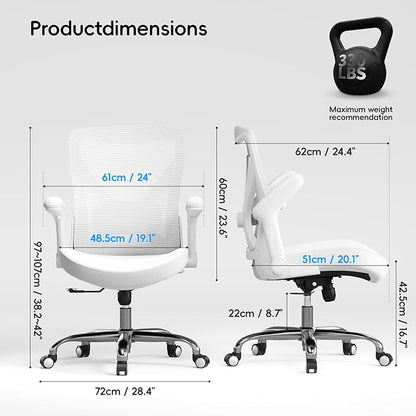 Office Home Ergonomic Desk Chair-Computer X-Shaped Chair Mesh PU Leather with Adjustable Lumbar Support-Executive Chair High Back Flip-Up Arms for Long Hours (White-No Headrest)