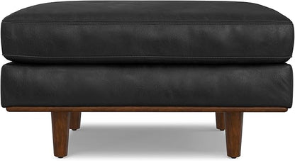 SIMPLIHOME Morrison 33 inch Wide Ottoman in Lead Black Genuine Leather, Multifunctional Footrest, Coffee Table, and Extra Seating for Living Room, Mid-Century Modern Style