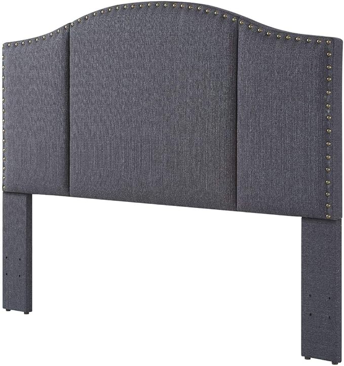 24KF Middle Century Linen Upholstered Tufted Queen Size Headboard with Antique Brass Nails Queen/Full headboard -Dark Gray