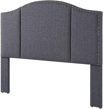24KF Middle Century Linen Upholstered Tufted Queen Size Headboard with Antique Brass Nails Queen/Full headboard -Dark Gray