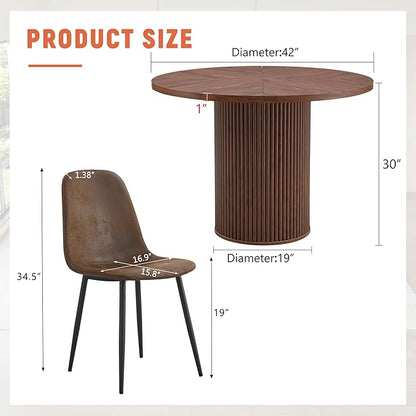 5 Piece Dining Table Set, 42" Round Dining Table Set for 4 with Storage and Suede Chairs, Round Kitchen Table and Chairs for 4 with Thick Wood Top, Roman Column Pedestal, Space-Saving
